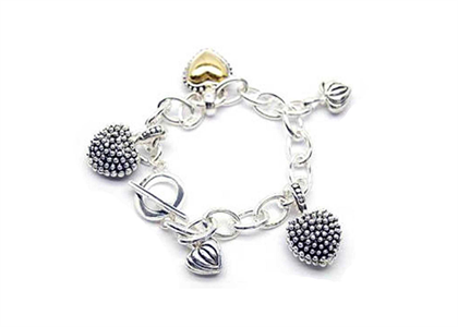 Two Tone Plated Womens Toggle Heart Charm Bracelet